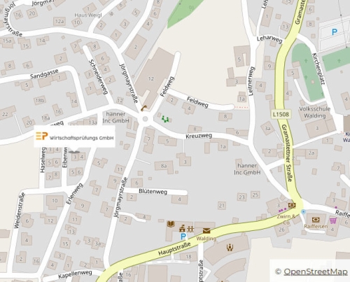 Kartenausschnitt von Walding mit Kennzeichnung des Bürogebäudes am Eibenweg